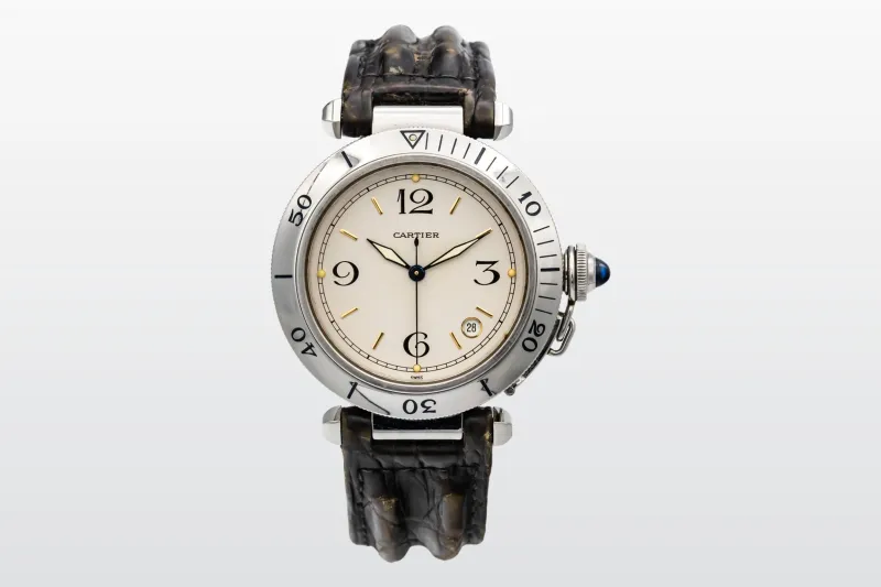 Cartier Pasha 38mm Stainless Steel White Dial Leather Strap 1040